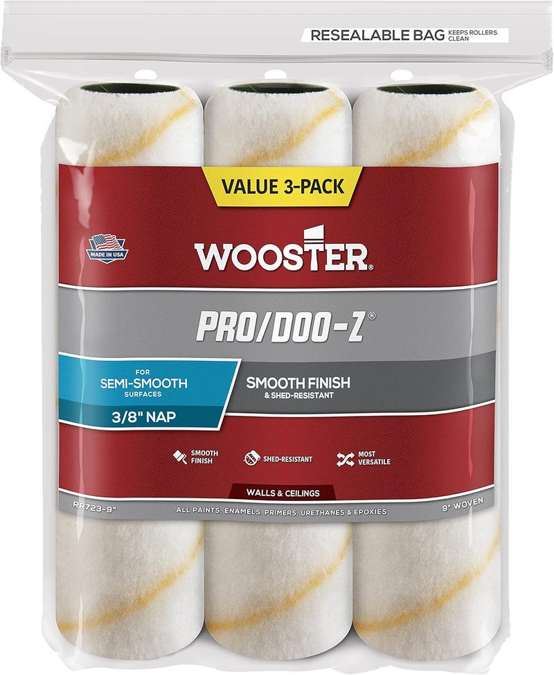 Wooster Brush Pro/Doo-Z Roller Cover 3/8-Inch Nap, 9-Inch - Value 3-Pack for Smooth Finish - Image 1